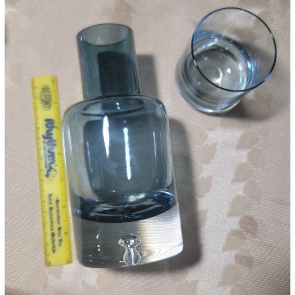 VTG Krosno Poland Blue Blown Glass Decanter Tumble Up Bedside Carafe Bubble MCM - Picture 4 of 16